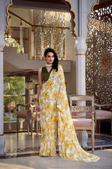 Yellow marbal foral printed saree