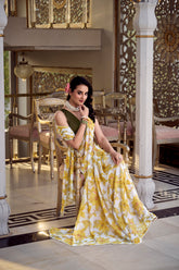 Yellow marbal foral printed saree