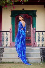 Chiffon Classic Designer Saree in Blue Enhanced with Floral Print