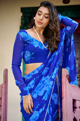 Chiffon Classic Designer Saree in Blue Enhanced with Floral Print