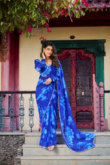 Chiffon Classic Designer Saree in Blue Enhanced with Floral Print