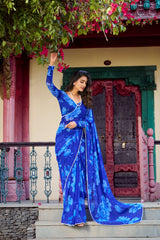 Chiffon Classic Designer Saree in Blue Enhanced with Floral Print