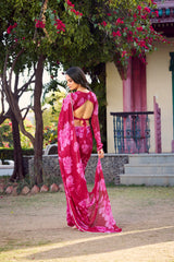 Awesome Pink Floral Printed Chiffon Saree