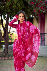 Awesome Pink Floral Printed Chiffon Saree