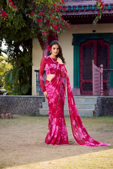 Awesome Pink Floral Printed Chiffon Saree
