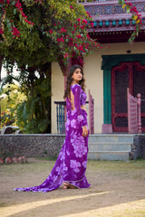 Purple Chiffon Floral Printed & Pearl Lace Border Saree