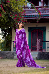 Purple Chiffon Floral Printed & Pearl Lace Border Saree