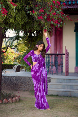 Purple Chiffon Floral Printed & Pearl Lace Border Saree