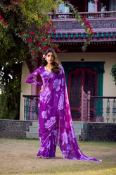 Purple Chiffon Floral Printed & Pearl Lace Border Saree