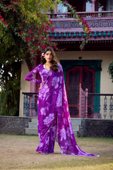 Purple Chiffon Floral Printed & Pearl Lace Border Saree