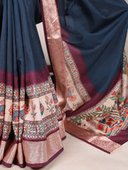 Elegant Navy Blue Madhubani Border Saree