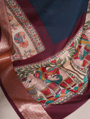 Elegant Navy Blue Madhubani Border Saree