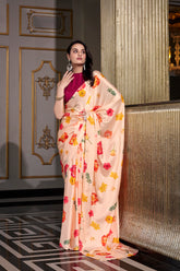 Cream Satin Silk Printed Saree