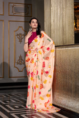 Cream Satin Silk Printed Saree