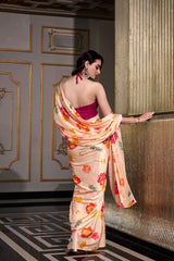 Cream Satin Silk Printed Saree