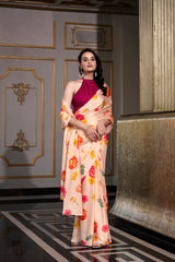 Cream Satin Silk Printed Saree