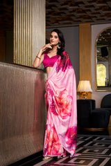 Light Pink Color Satin Silk Printed Saree