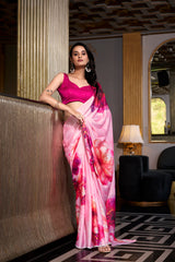 Light Pink Color Satin Silk Printed Saree