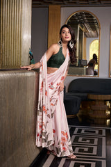 Off White Satin Silk Printed Saree