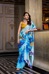 Sky Blue Satin Silk Printed Saree