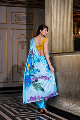Sky Blue Satin Silk Printed Saree