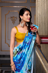 Sky Blue Satin Silk Printed Saree