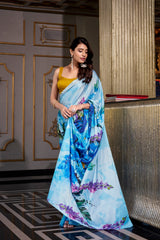 Sky Blue Satin Silk Printed Saree