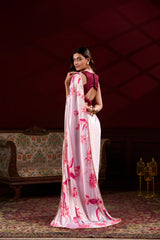 Light Pink Floral Print Satin Silk Saree