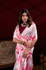 Light Pink Floral Print Satin Silk Saree