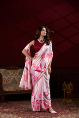 Light Pink Floral Print Satin Silk Saree