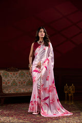 Light Pink Floral Print Satin Silk Saree