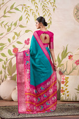 Firozi Tussar Chex Patola Print Saree