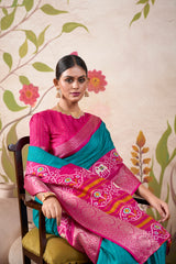 Firozi Tussar Chex Patola Print Saree