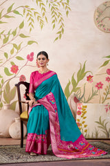 Firozi Tussar Chex Patola Print Saree