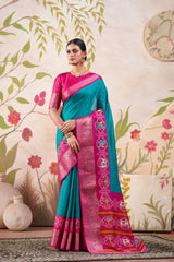 Firozi Tussar Chex Patola Print Saree