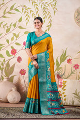 Mustard Tussar Chex Patola Print Saree