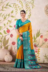 Mustard Tussar Chex Patola Print Saree