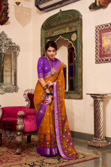 Mustard Yellow & Purple Poly Cotton Saree