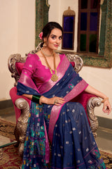 Magical Navy Blue Color Poly Cotton Kalamkari Print Saree