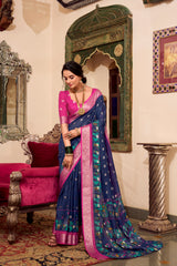 Magical Navy Blue Color Poly Cotton Kalamkari Print Saree