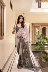 Brown Floral Gotta Patti Pure Georgette Tussar Saree