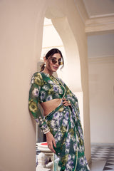 Green Floral Printed Weightless Saree