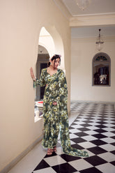 Mehendi Floral Printed Weightless Marble Saree