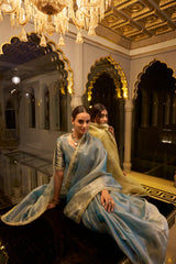 Sky Blue Color Zari Weaving Work With Sequins Border Tissue Shimmer Saree