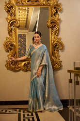 Sky Blue Color Zari Weaving Work With Sequins Border Tissue Shimmer Saree