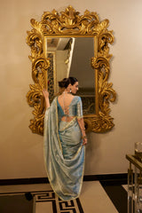 Sky Blue Color Zari Weaving Work With Sequins Border Tissue Shimmer Saree