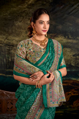 Green silk madhubani & bandhej fusion print saree