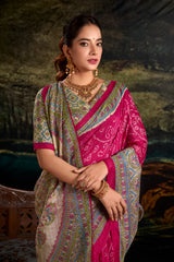 Pink Fusion of Madhubani and Bandhej Silk Saree