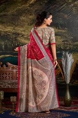 Maroon Silk Madhubani & Bandhej Fusion Print Saree