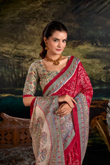 Maroon Silk Madhubani & Bandhej Fusion Print Saree